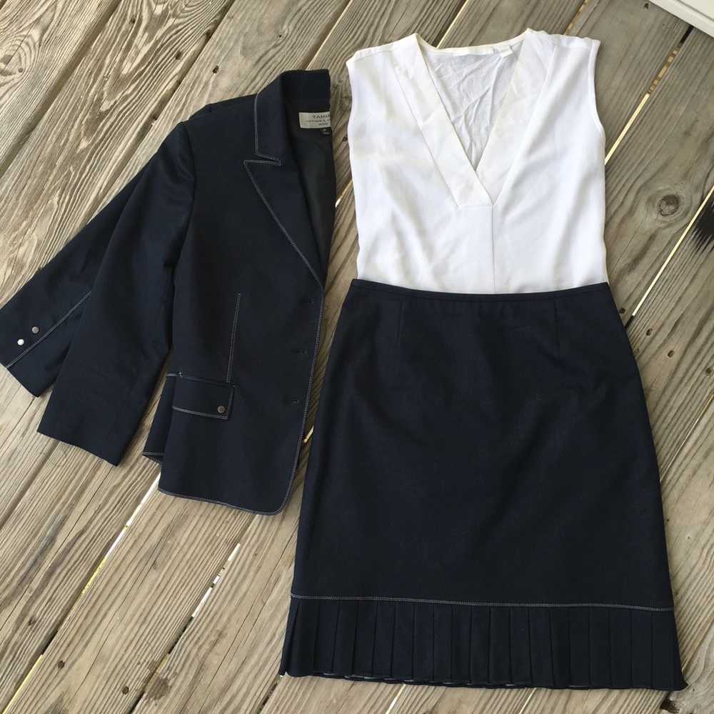 Tahari 3/4 sleeve skirt suit (blue and white)